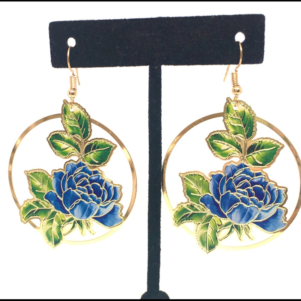 Handmade hand painted floral dangle hook earrings